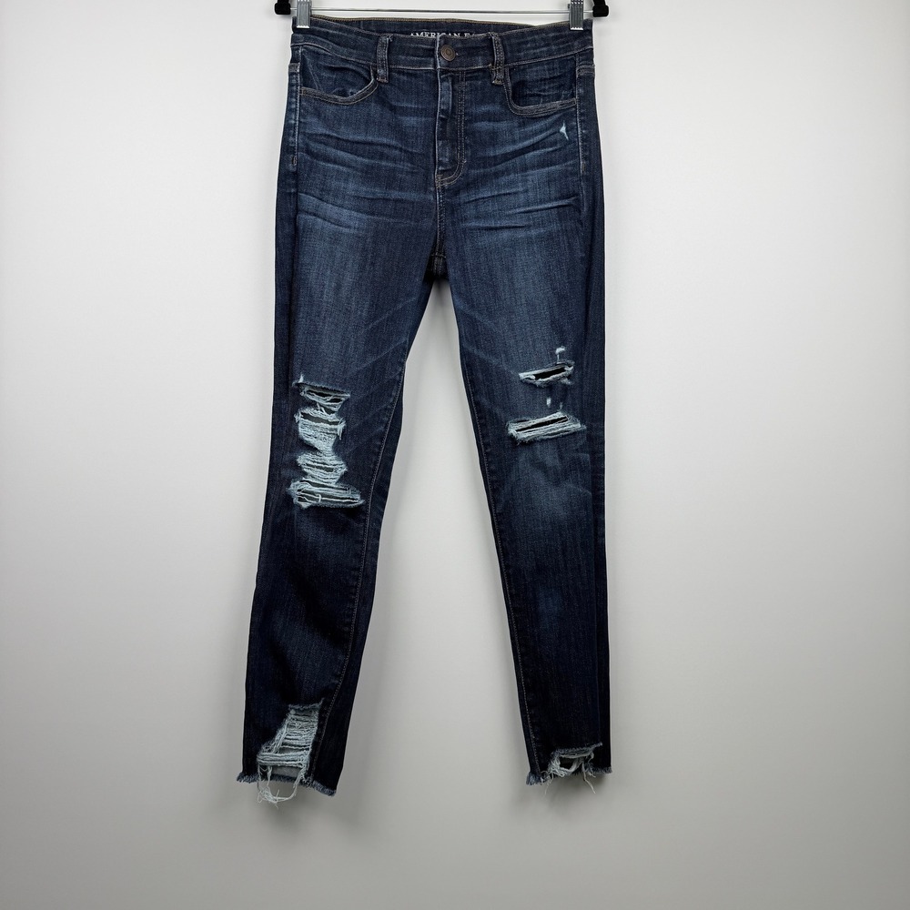 American Eagle Skinny Jeans Womens 10 Dark Wash Distressed Frayed Hem Denim